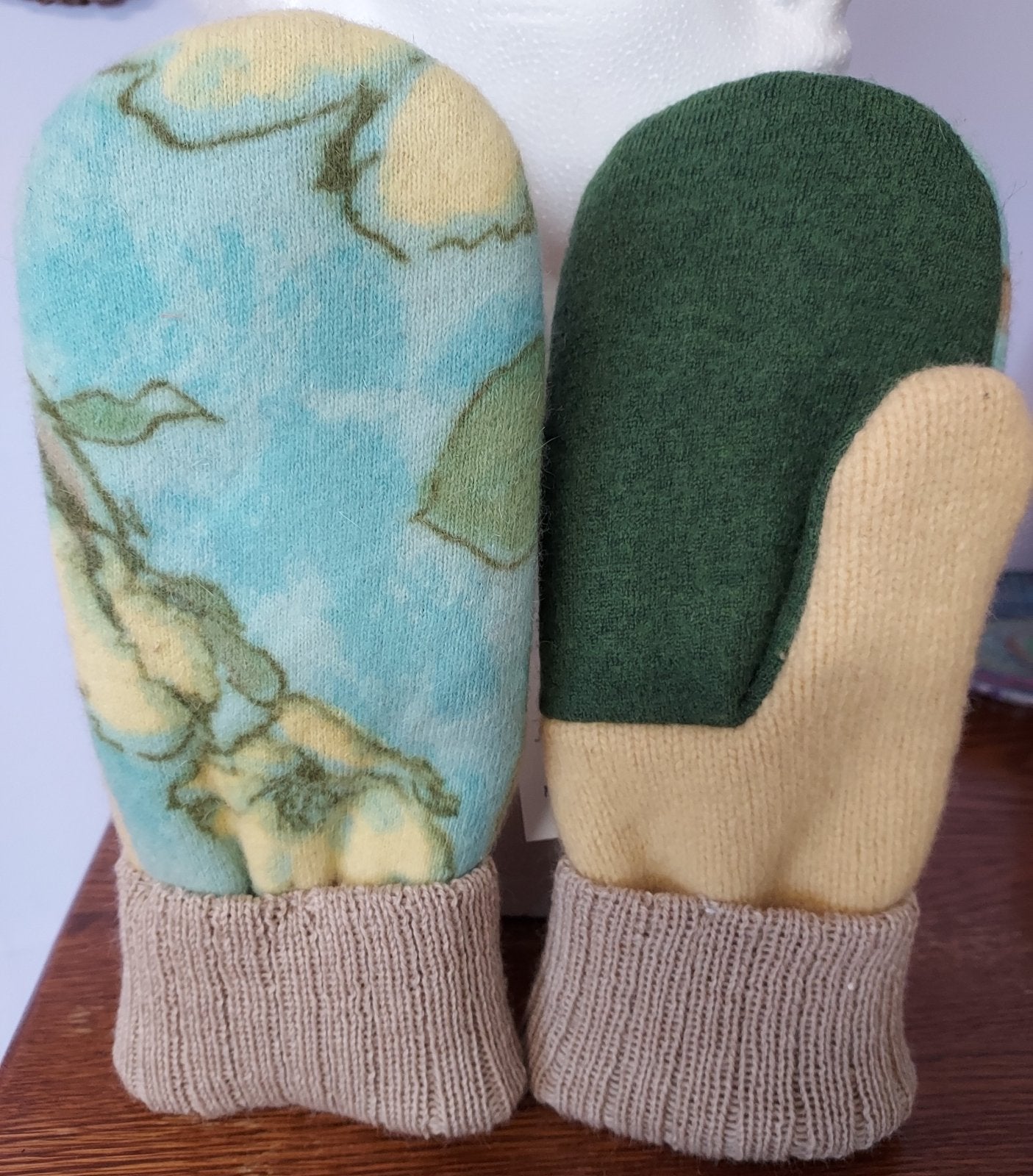 green and blue mittens