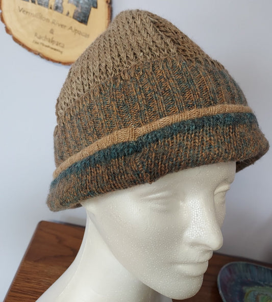 brown alpaca wool hat with blue and brown brim